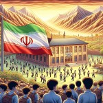 عکس کارتونی حیاط مدرسه پسرانه با دانش آموزان و پرچم ملی ایران و ساختمان یک طبقه و کوه ها و نوشته مدرسه ایران