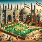 عکس کارتونی حیاط مدرسه پسرانه  با دانش آموزان با معماری ایزانی قدیم و پرچم ملی ایران و نشان های ایرانی
