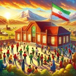 عکس کارتونی حیاط مدرسه پسرانه با دانش آموزان و پرچم ملی ایران و ساختمان یک طبقه و کوه ها