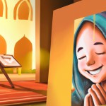 پوستر درباره اجلاسیه نماز که در آن تصویری از یک دختر با حجابی است که دارد نقاشی یک پسر بچه ای را می کشد که در حال نماز است با بک گراند شاد