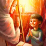 یک دختر با حجابی  که در حال نقاشی یک پسر بچه ای هست  که در حال نماز است با بک گراند شاد