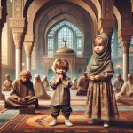 دختر بچه بانمک در حرم امام رضا با چادر روی سرش کنارش برادر کوچک ترش ایستاده و پدر و مادرش روی فرش نشسته اند