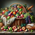 یه تصویر از سبد بزرگ پر از میوه و سبزی و نون