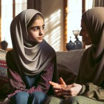 دختر بچه نوجوان 12 ساله ایرانی با حجاب کنار مادرش روی مبل نشسته. و درحال حرف زدن با مادرش هست