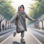 تصویر واقع‌گرایانه از یک دختر ایرانی ۱۲ ساله که در خیابان آرامی در هوای دل انگیز و مسیری پردرخت  به مدرسه می‌رود. او مقنعه ساده سورمه ای و مانتو شلوار ساده سورمه ای  بر تن دارد و کوله پشتی مدرسه را روی دو شانه دارد