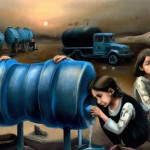 برای بحران آب در ایران.چند تا بچه غمگین با لباس های مندرس و قیافه های ایرانی و با حجاب دخترانه تو صف آب هستن و ظرف آب دارن.جلوتر یه تانکر هست که پوسیده و مقدار کمی آب داره از شیر بیرون میاد.فضای اطرافم دم غروب هست و کویر رو نشون میده