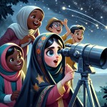 همان دختر کارتونی قبلی می خواهم که در یک شب با لباس ایرانی پوشیده و موهای او با روسری کاملا پوشیده است با سه تا از دوستانش در پارک با تلسکوپ ستاره ها را نگاه می کنند
