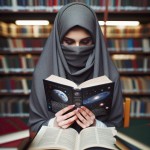 همان دختر که پوشیده بود در کتابخانه کتاب نجوم در دست گرفته و مطالعه می کند و محجبه هست .روسری موهایش کاملا پوشیده است