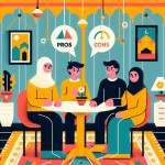 Flat design illustration of an Iranian family in a bright living room around a round table. A teenage boy or girl explains their idea to both parents; above them are simple icons labeled “Pros” and “Cons.” Warm, vibrant colors, minimal shadows, and Persian decor hints (rug pattern, small decorative items) to reflect Iranian culture. Suitable for 1:1 or 4:5 aspect ratio.