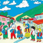 A colorful children's illustration of a small mountain city named Izeh in Khuzestan, Iran. Friendly Bakhtiari villagers in traditional clothes (bright vests, patterned scarves, and wide trousers) smile and talk in a busy street. The scene feels warm and playful, but a little messy, showing people unsure what to do.