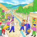 A colorful children's illustration of a small mountain city named Izeh in Khuzestan, Iran. Friendly Bakhtiari villagers in traditional clothes (bright vests, patterned scarves, and wide trousers) smile and talk in a busy street. The scene feels warm and playful, but a little messy, showing people unsure what to do.