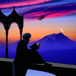فردوسی در حال خواندن اشعار خود که درباره ی خداوند هست در یک مکان بهشتی و در عین حال باشکوه ایرانی
