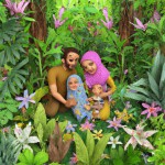 Create a vibrant and heartwarming scene depicting a happy family in a lush jungle setting. Include the father and mother, with the mother wearing an elegant Islamic hijab. Show four joyful children, engaging in playful activities like exploring or laughing together. The jungle should be filled with rich greenery, colorful flowers, and gentle sunlight filtering through the trees, creating a cheerful and inviting atmosphere and mountain in the background. like to iranian family and not arab.