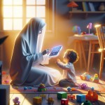 مادری حجاب دار با کمک هوش مصنوعی می خواهد با کودک 4 ساله خود بازی کند