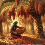 تصویر نخل پیارم در حال برداشت و در پای نخل یک دختر با لباس بندری  در حال جمع آوری خرمای پیارم باشد می خواهم