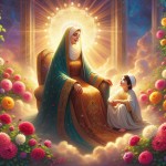 Great! Here's the revised prompt with your specifications included:

"A warm and touching scene depicting a loving mother around 50 years old, wearing traditional Iranian Islamic attire, sitting gracefully on a comfortable throne. Her young child sits beside her, looking up at her with admiration. The background features a beautiful heavenly garden filled with colorful flowers, symbolizing peace and love. Soft, golden light illuminates the scene from above, creating a serene and spiritual atmosp