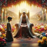 "A warm and touching scene depicting a loving mother around 50 years old, wearing traditional Iranian Islamic attire, sitting gracefully on a comfortable throne. Beside her, her 20-year-old son sits, looking at her with admiration and respect. The background features a beautiful heavenly garden filled with colorful flowers, symbolizing peace and love. Soft, golden light illuminates the scene from above, creating a serene and s