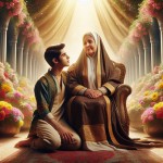 "A warm and touching scene depicting a loving mother around 50 years old, wearing traditional Iranian Islamic attire, sitting gracefully on a comfortable throne. Beside her, her 20-year-old son sits, looking at her with admiration and respect. The background features a beautiful heavenly garden filled with colorful flowers, symbolizing peace and love. Soft, golden light illuminates the scene from above, creating a serene and s