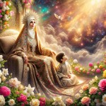 Great! Here's the revised prompt with your specifications included:

"A warm and touching scene depicting a loving mother around 50 years old, wearing traditional Iranian Islamic attire, sitting gracefully on a comfortable throne. Her young child sits beside her, looking up at her with admiration. The background features a beautiful heavenly garden filled with colorful flowers, symbolizing peace and love. Soft, golden light illuminates the scene from above, creating a serene and spiritual atmosp
