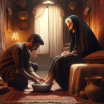 Prompt 2: Realistic & Emotional

Focus: Depicting the practical application of the Hadith through a tender, realistic scene of filial piety in a traditional Iranian home.

Prompt:
"Photorealistic,emotional scene. Inside a warm, traditionally decorated Iranian home. An elderly Iranian mother with a chador sits comfortably on a simple rug or cushion, her face glowing with contentment and love. Her adult son or daughter, showing deep respect and humility, is gently washing the mother's feet in a b