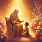Great! Here's the revised prompt with your specifications included:

"A warm and touching scene depicting a loving mother around 50 years old, wearing traditional Iranian Islamic attire, sitting gracefully on a comfortable throne. Her young child sits beside her, looking up at her with admiration. The background features a beautiful heavenly garden filled with colorful flowers, symbolizing peace and love. Soft, golden light illuminates the scene from above, creating a serene and spiritual atmosp