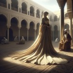 A realistic oil painting style scene from early Islamic era. A dignified Muslim woman (representing the daughter of the Prophet) is fully covered in a modest, flowing abaya and khimar, standing in a Medina courtyard. Her posture exudes grace and determination. A blind companion sits at a respectful distance, his face turned towards her direction not with curiosity, but with serene acceptance. The focus is on the woman's act of modesty as a conscious choice of empowerment. The air is visualized w