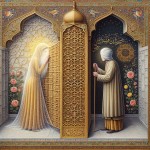 A masterpiece in Persian miniature style, illustrating a moral lesson on hijab. The composition is divided into two parts. On the right, Hazrat Fatima (peace be upon her) is shown behind an intricate architectural lattice screen, her figure modestly covered. Her face is gracefully veiled with a delicate, luminous niqab woven from pure light, obscuring her features in a soft, radiant glow. On the left, a blind man sits in a garden. A graceful, calligraphic line of golden dots and floral patterns