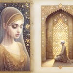 A masterpiece in Persian miniature style, illustrating a moral lesson on hijab. The composition is divided into two parts. On the right, Hazrat Fatima (peace be upon her) is shown behind an intricate architectural lattice screen, her figure modestly covered. Her face is gracefully veiled with a delicate, luminous niqab woven from pure light, obscuring her features in a soft, radiant glow. On the left, a blind man sits in a garden. A graceful, calligraphic line of golden dots and floral patterns