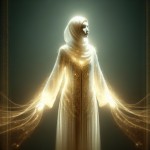 A masterpiece of spiritual digital art, Islamic inspiration. Hazrat Fatima (peace be upon her) stands with divine grace, her form modestly covered in a full-body hijab and robe that appears to be woven entirely from pure, luminous light. The light-robe shimmers with a soft golden-white glow, ethereal and radiant. Her face is gracefully concealed by a