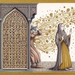 A masterpiece in Persian miniature style, illustrating a moral lesson on hijab. The composition is divided into two parts. On the right, Hazrat Fatima (peace be upon her) is shown behind an intricate architectural lattice screen, her figure modestly covered. On the left, a blind man sits in a garden. A graceful, calligraphic line of golden dots and floral patterns flows from the lattice towards the man, symbolizing the 'fragrant breeze'. His hand is raised gently, acknowledging the scent without