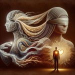 `
Abstract conceptual art representing the philosophy of hijab. The centerpiece is a magnificent, geometric pattern shaped like a woman's form, entirely constructed from intricate, layered veils of light. From this form, ethereal waves of scent emanate, colored in delicate gold and silver. To the side, a simple, humble figure represents the blind man, depicted with a heart symbol instead of eyes, showing he 'sees' with his heart. The scent waves reach his heart, which glows softly in acknowledgm