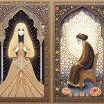 A masterpiece in Persian miniature style, illustrating a moral lesson on hijab. The composition is divided into two parts. On the right, Hazrat Fatima (peace be upon her) is shown behind an intricate architectural lattice screen, her figure modestly covered. Her face is gracefully veiled with a delicate, luminous niqab woven from pure light, obscuring her features in a soft, radiant glow. On the left, a blind man sits in a garden. A graceful, calligraphic line of golden dots and floral patterns