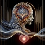 Abstract conceptual art representing the philosophy of hijab. The centerpiece is a magnificent, geometric pattern shaped like a woman's form, entirely constructed from intricate, layered veils of light. From this form, ethereal waves of scent emanate, colored in delicate gold and silver. To the side, a simple, humble figure represents the blind man, depicted with a heart symbol instead of eyes, showing he 'sees' with his heart. The scent waves reach his heart, which glows softly in acknowledgmen