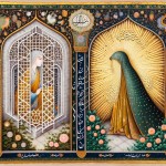 A masterpiece in Persian miniature style, illustrating a moral lesson on hijab. The composition is divided into two parts. On the right, Hazrat Fatima (peace be upon her) is shown behind an intricate architectural lattice screen, her figure modestly covered. Her face is gracefully veiled with a delicate, luminous niqab woven from pure light, obscuring her features in a soft, radiant glow. On the left, a blind man sits in a garden. A graceful, calligraphic line of golden dots and floral patterns