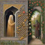 A masterpiece in Persian miniature style, illustrating a moral lesson on hijab. The composition is divided into two parts. On the right, Hazrat Fatima (peace be upon her) is shown behind an intricate architectural lattice screen, her figure modestly covered. On the left, a blind man sits in a garden. A graceful, calligraphic line of golden dots and floral patterns flows from the lattice towards the man, symbolizing the 'fragrant breeze'. His hand is raised gently, acknowledging the scent without