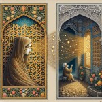 A masterpiece in Persian miniature style, illustrating a moral lesson on hijab. The composition is divided into two parts. On the right, Hazrat Fatima (peace be upon her) is shown behind an intricate architectural lattice screen, her figure modestly covered. On the left, a blind man sits in a garden. A graceful, calligraphic line of golden dots and floral patterns flows from the lattice towards the man, symbolizing the 'fragrant breeze'. His hand is raised gently, acknowledging the scent without