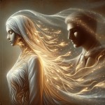 A symbolic digital painting of Islamic modesty. A noble woman (Hazrat Fatima) stands gracefully, her form elegantly draped in a flowing, luminous hijab that seems to be woven from light itself. The fabric of her hijab extends and transforms into delicate, shimmering particles that represent her scent, being carried away by a gentle breeze. Before her, a blind man is depicted not as physically blind, but with his eyes closed in reverence, his face turned towards the shimmering scent particles wit