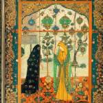 A masterpiece in Persian miniature style, illustrating a moral lesson on hijab. The composition is divided into two parts. On the right, Hazrat Fatima (peace be upon her) is shown behind an intricate architectural lattice screen, her figure modestly covered. Her face is gracefully veiled with a delicate, luminous niqab woven from pure light, obscuring her features in a soft, radiant glow. On the left, a blind man sits in a garden. A graceful, calligraphic line of golden dots and floral patterns