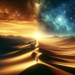 An epic cinematic scene. A lone traveler walks on a path that transitions from a sunlit golden desert (life) into a serene, starlit valley (after death). The path is illuminated by a soft, guiding light. In the distance, a magnificent city of light shines, symbolizing the eternal truth. The style should be grand, hopeful, and awe-inspiring, with a color palette shifting from warm gold to cool, mystical blue and silver. --ar 16:9