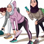 تعدادی دختر ورزشکار با حجاب کامل که در حال تمرین صبحگاهی هستند