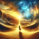 An epic cinematic scene. A lone traveler walks on a path that transitions from a sunlit golden desert (life) into a serene, starlit valley (after death). The path is illuminated by a soft, guiding light. In the distance, a magnificent city of light shines, symbolizing the eternal truth. The style should be grand, hopeful, and awe-inspiring, with a color palette shifting from warm gold to cool, mystical blue and silver. --ar 16:9