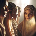 An intimate, emotional close-up shot. Hazrat Fatima (peace be upon her) is speaking with gentle authority. A soft, golden light seems to emanate from her being, slightly veiling her features in a halo of radiance. The faces of two or three women are visible in the foreground, captured in profiles and three-quarter views, their expressions reflecting deep contemplation and spiritual yearning as they listen. The background is softly blurred, suggesting other women seated around. The texture of the