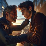 A cinematic and tender moment between a stylish Iranian father(40) and his handsome son (18). The father, with a face that blends strength and deep kindness, leans in to share wisdom. His gaze holds waves of palpable love and hope for his son's future. Both are dressed in modern, fashionable attire, sitting on a balcony with a cityscape at dusk in the background. The lighting is golden hour, warm and soft, creating a halo effect around them. The style is poetic realism, with a slightly shallow d