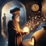 · A wise-looking baker in traditional clothing, holding a glowing ball of golden light (symbolizing valuable advice)
· Standing before a cold, dark clay oven (tandoor)
· Soft golden hour lighting with dramatic shadows

Background Elements:

· Hazy silhouette of a teenager in defensive posture, hands covering ears
· An ancient wall clock showing inappropriate time
· Faint floating Persian calligraphy in the air

Symbolic Details:

· The golden li