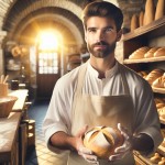 Revised Image Generation Prompt:

Main Subject:

· A wise baker in his 40s, with well-groomed short beard, wearing clean traditional baking attire
· Holding a glowing golden do

· Beautiful traditional bakery with stone arches and wooden shelves
· Golden hour sunlight streaming through window
· Freshly baked breads arranged neatly in background
· Clean, warm, and inviting atmosphe