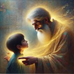 An ethereal,cinematic painting of an Iranian father and son. The father, with a face full of stories and deep love, speaks softly to his son. Waves of golden, gentle light emanate from the father's compassionate gaze, symbolizing his affection. The background is a soft-focus, dreamlike interpretation of a traditional Iranian interior with floating calligraphy and floral motifs. The style is a blend of poetic realism and magical realism, evoking a sense of legacy and tender wisdom. Soft colors, d