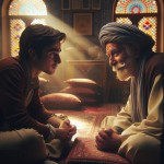 "A poignant,photorealistic scene of a wise Iranian father with a kind, weathered face and a salt-and-pepper mustache, gently advising his thoughtful son. They are sitting in a cozy, traditional room with soft light filtering through a stained-glass window (orosi), illuminating Persian carpets and cushions. The father's eyes are filled with immense love and wisdom, a slight smile on his lips. The son listens intently, his expression a mix of respect and contemplation. The atmosphere is warm, inti