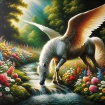 یک اسب بال دار در حال خوردن آب از رودخانه در دشت پراز گل