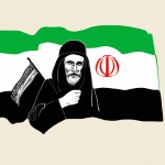 عکس خامنه ای با چادر و یک پرچم در دستش که روی ان نوشته شده یا حسین