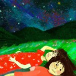 نقاشی یک خواهر کوچولو و یک خواهر بزرگ که در دشتی سرسبز دراز کشیده اند و ستاره ها را تماشا می کنند